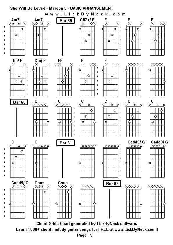 Chord Grids Chart of chord melody fingerstyle guitar song-She Will Be Loved - Maroon 5 - BASIC ARRANGEMENT,generated by LickByNeck software.